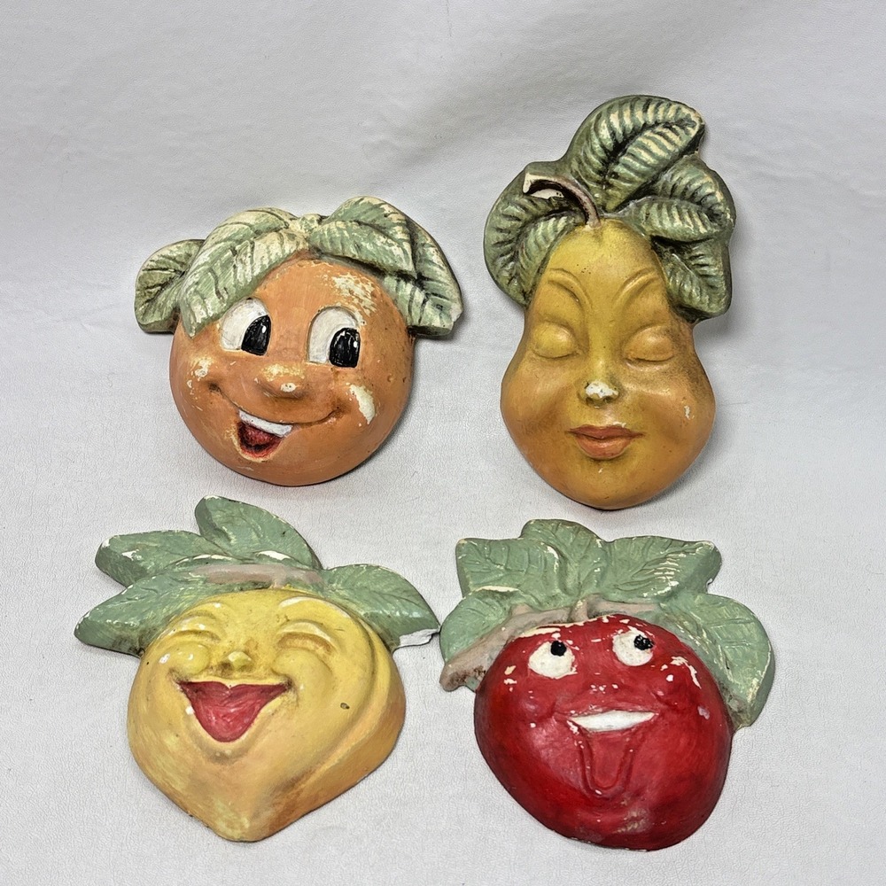 Anthropomorphic Fruit Smiley Faces Chalkware Set of 4 Vtg 1970's Kitschy Apple